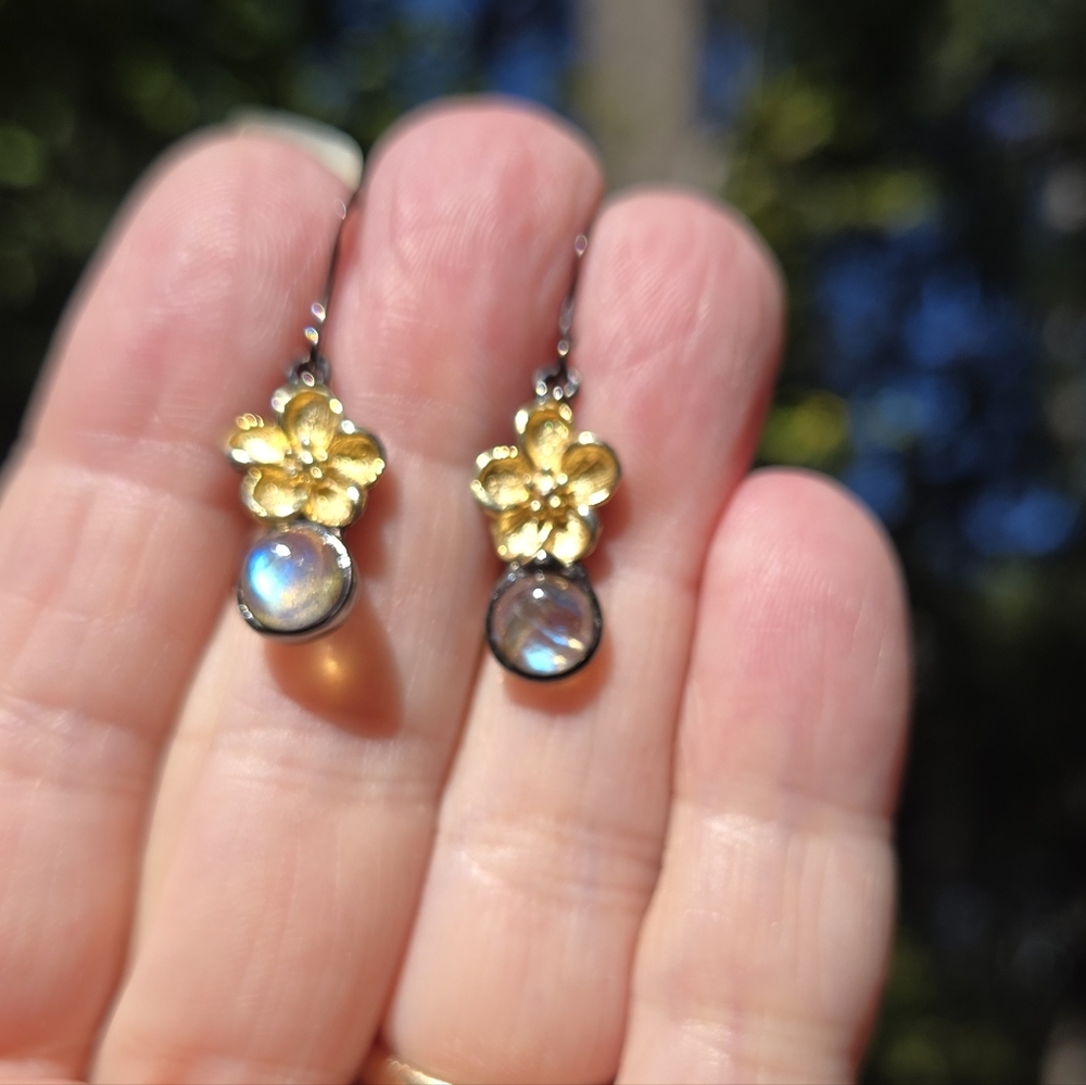 Laboradorite 1k Natural Sterling Rhodium & Gold Cherry Blossom Earrings - Picture 5 of 10